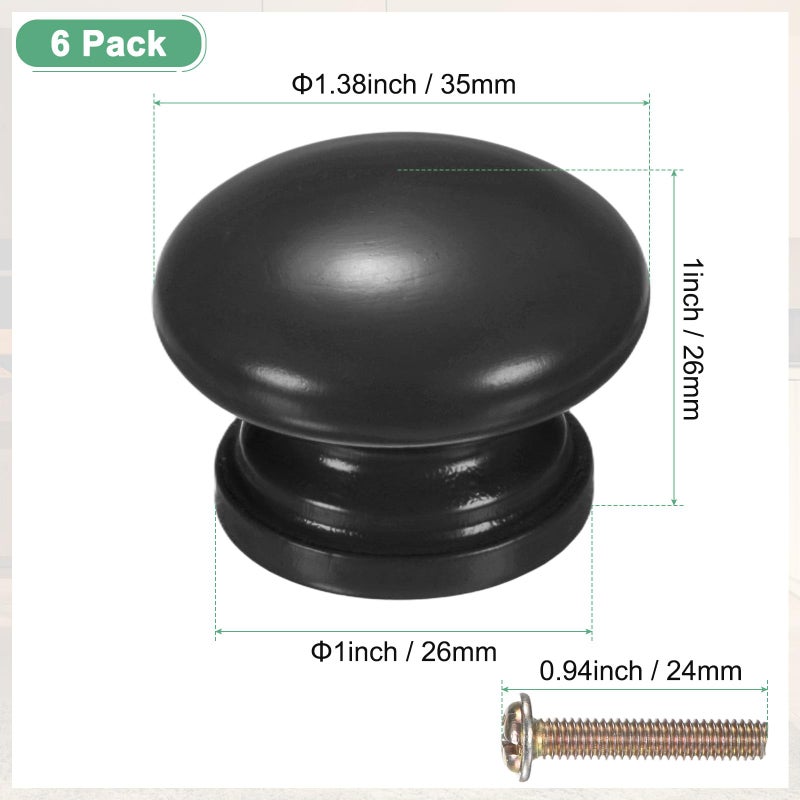 M METERXITY 6-Pack Kicthen Cabinet Knobs, 1-3/8 in(35mm) Solid Wood Round Drawer Pull Handle for Dresser/Office/Cupboard, Drawer Knob Hardware [Black] - Image 3